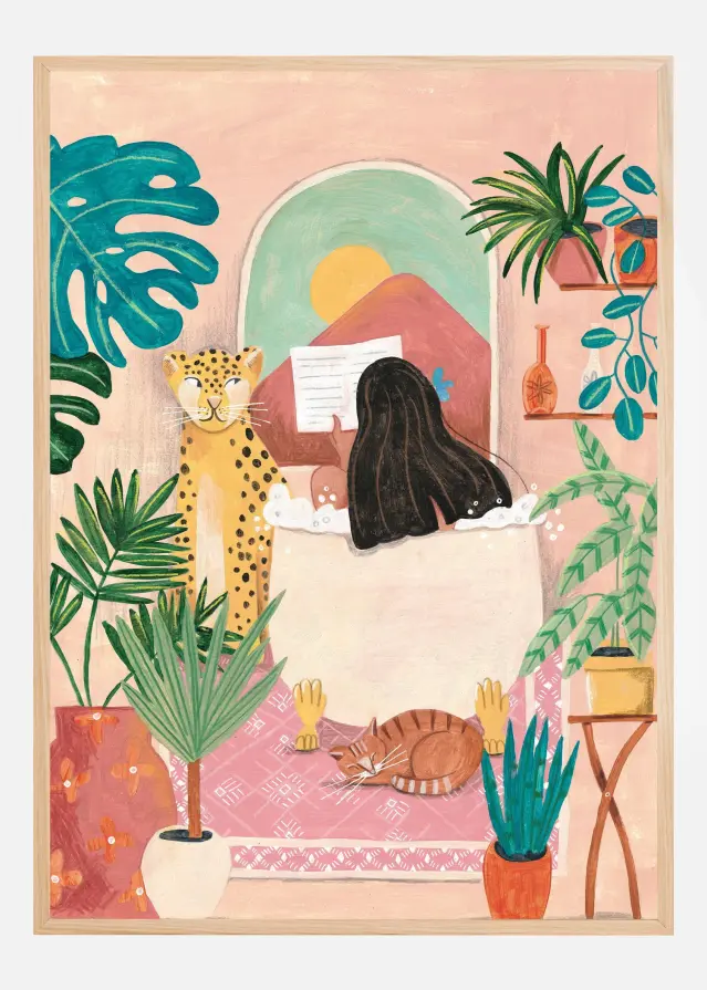 Bildverkstad Woman taking bath in pink tropical bathroom Poster