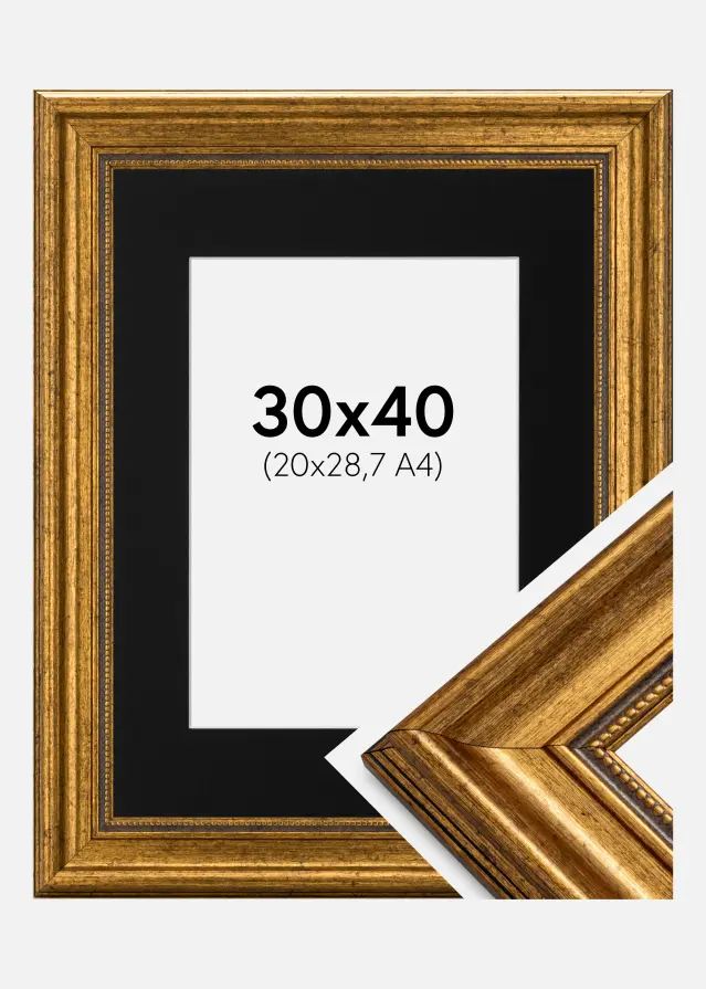 Ram med passepartou Kader Rokoko Goud 30x40 cm - Passe-partout Zwart 21x29,7 cm (A4)