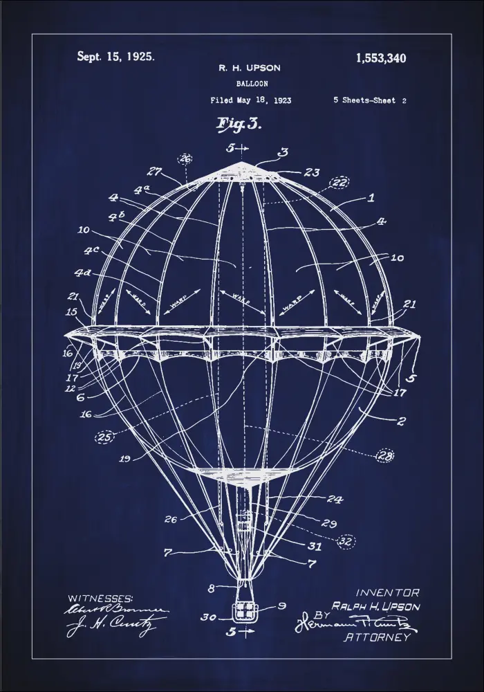 Bildverkstad Patenttekening - Luchtballon - Blauw Poster
