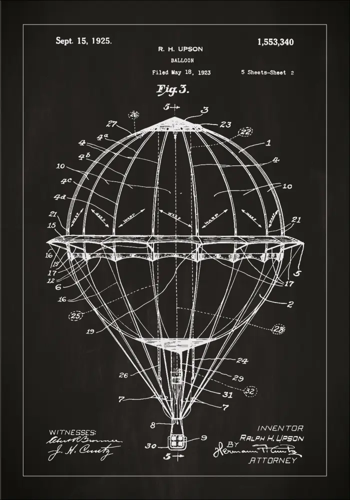 Bildverkstad Patenttekening - Luchtballon - Zwart Poster