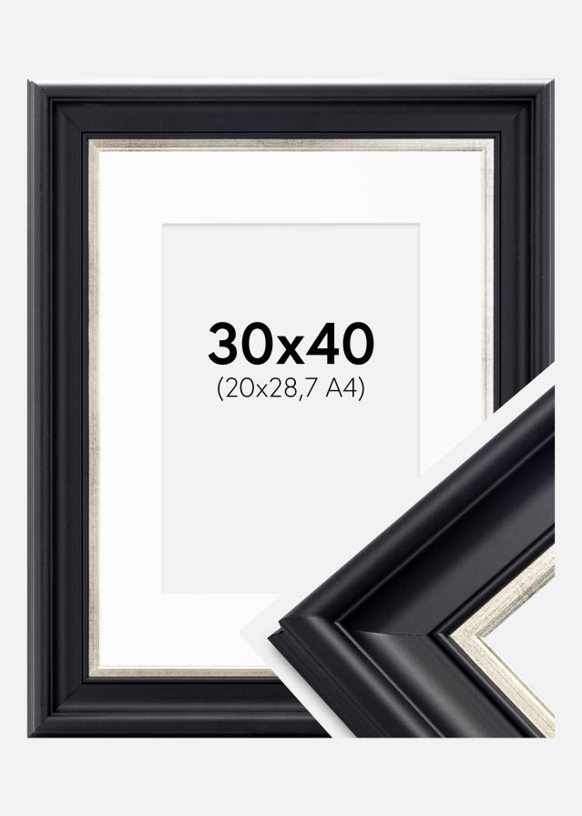 Ram med passepartou Kader Dalarna Zwart-Zilver 30x40 cm - Passe-partout Wit 21x29,7 cm (A4)